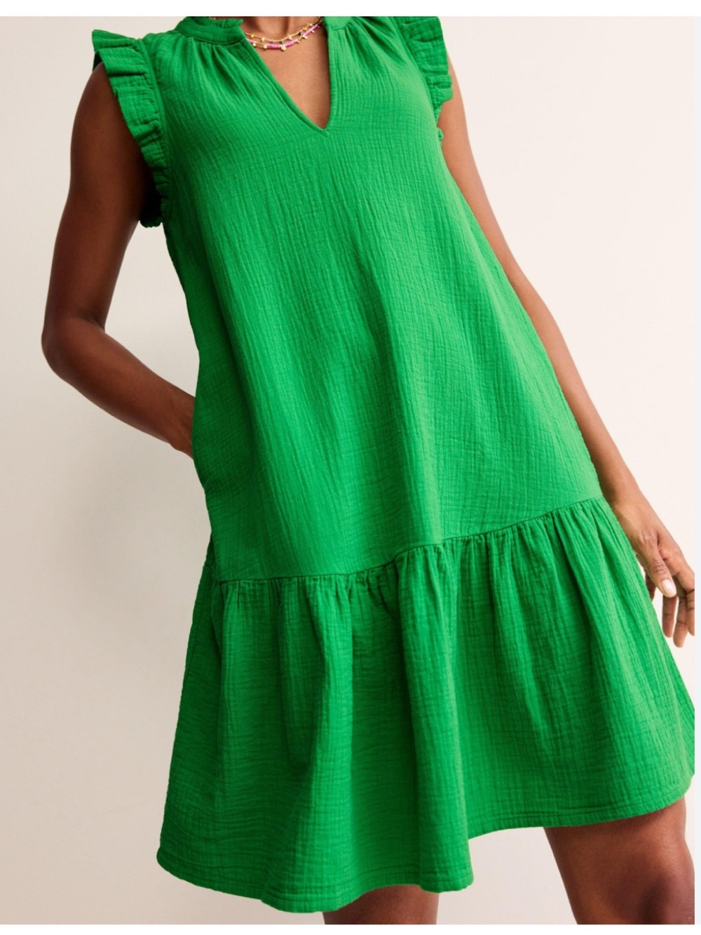 NWT Boden Green Dress Cotton Gauze Ruffle Sleeves Tiered Shift Pockets Size 14